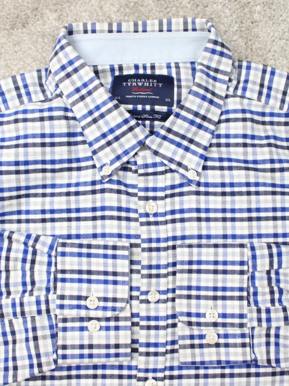Charles Tyrwhitt Weekend Shirt Mens XL Blue Extra Slim Fit Cotton Long Sleeve